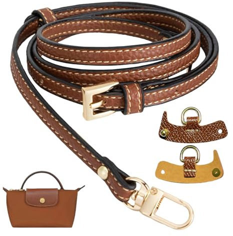 HQRKOTM Tracolla Regolabile per Borse, Cinghie di Trasporto in Pelle Marrone per Longchamp Mini Bag Straps(Larghezza della tracolla 0,9 cm+2 fibbie in pelle)