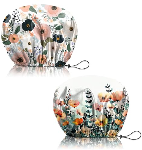 Deokke Duschhaube, 2 Stück wasserdichte Doppelschicht wiederverwendbar shower cap, verstellbar, elastisch, ästhetisch, niedlich Duschhaube für Damen (Q20-Rote Blume)