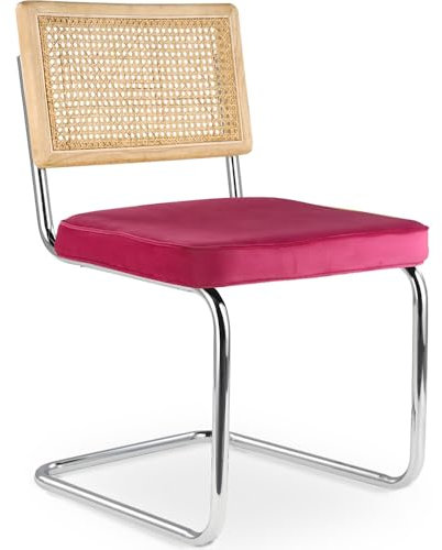 Iconik Interior Velvet Style Chaise de Salle à Manger - tapissée de Velours - Bois et rotin - Martha Fuchsia