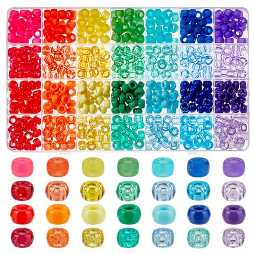 GOMAKERER 700 Stück 28 Farben Pony Perlen zum Auffädeln, 9mm Regenbogen Freundschaftsperle Kandi Haarperlen Bastelperlen mit Großem Loch Für Mädchen DIY Halsketten Schmuckherstellung
