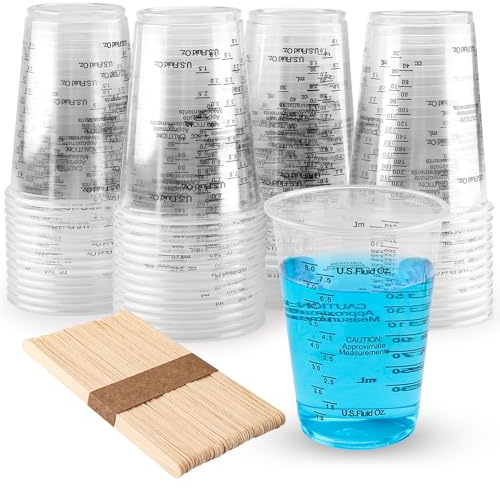 Zosenyer 50 pièces Transparent Doseur avec Gradué, 240ml Gobelet Doseur en Résine époxy en 50 Bâtonnets de Mélange Liquide, pour Liquides, Peinture, Pigments