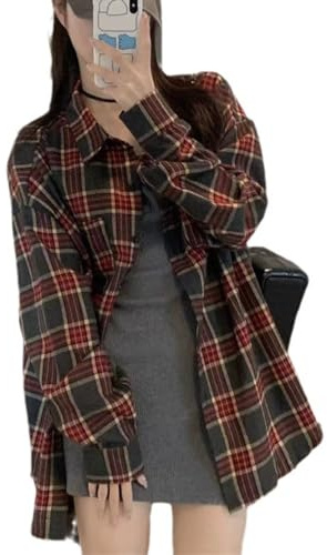 Vagbalena Mode féminine à Manches Longues Bouton à Carreaux Flanelle Revers Chemise Ample à Carreaux à Manches Longues Poche Chemise vêtements Vintage lâche Streetwear (Red,TTG)