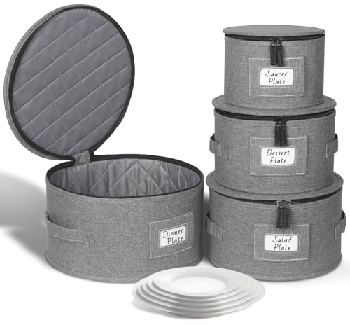 Kukikan China Storage Containers, 4 Pack Hard Shell Moving Boxes, Dish Storage Containers with Felt Dividers for Charger Plates Dinnerware, Stackable Cases for 12 Place Setting Up to 11.4 Dia.