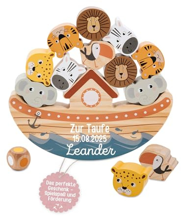 wunderwunsch small Foot Balancierspiel Arche Safari personalisiert, Motorikspiel für Kinder, Motorikspielzeug aus Holz, inkl. Würfel, ab 3 Jahren (Zur Taufe + Daten)