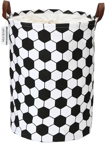 Sea Team Canvas Wäschekorb Fußballmuster PU-Griffe Schwarz 45x35cm | Klappbar mit Kordelzug und wasserdichter Innenlage für Wäscheaufbewahrung