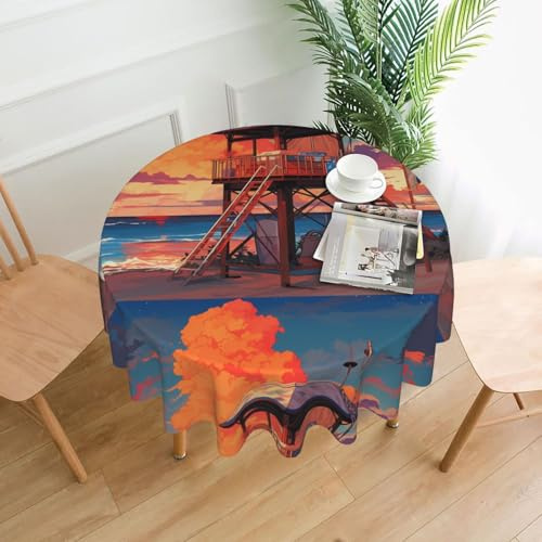YYHHAOFA Round Decorative Tablecloth 60in Small pavilion on the beach Picture for Indoor and Outdoor Use on Round Tables Like Coffee Tables, Dining Tables, and Farm Tables