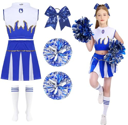 LGZIN Cheerleader Kostüm Kinder, Cheerleadering Outfit Mädchen, Cheer Kostüm Outfit mit Pompoms, Kopfschmuck und Socken, Cheerleading Uniform Kleid für Karneval Halloween Mottoparty (Blau, 130)