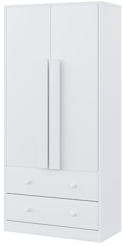 Gxffipw Kleiderschrank 70cm Breit Garderobenschrank mit Doppeltür-Design, Highboard Mehrzweckschrank mit Ablagefach und Schubladen, Hochschrank mit Kleiderstange, Weiß, Schlafzimmer Möbel