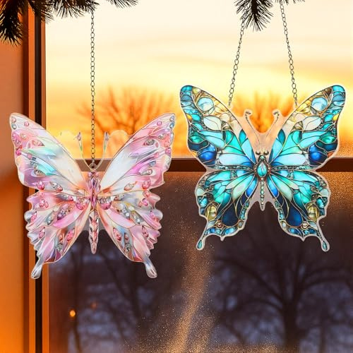 Geelin 2 Pcs Acrylic Butterfly Suncatcher Ornament Stained Glass Butterfly Gifts for Women Colorful Suncatcher Window Hanging Home Garden Decor Spring Birthday for Women & Nature Lovers