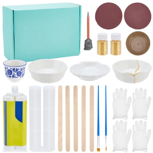 WEBEEDY 3 Sets Kintsugi Repair Kit Japanese Gold Repair Kit with Practice Cup & Plate, Epoxy Resin Adhesive for Beginners to Repairs Broken Ceramics, Glass, Jade, Sculptures, Pottery Art Craft Gift