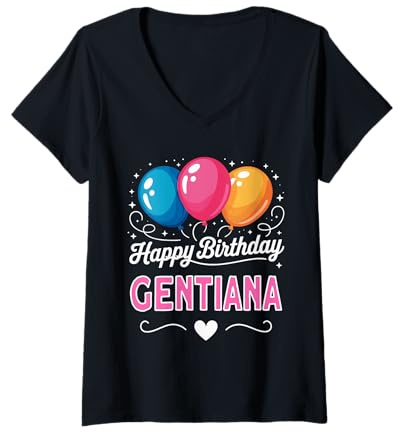 Femme Joyeux Anniversaire en Disant Gentiana T-Shirt avec Col en V