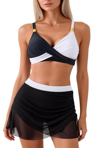 EOAMGO Women's Bikini Set, Two Piece Bikini Swimsuit Set with Twist Front V Neck Design, Adjustable Straps and Padded Support (UK, Alpha, M, Regular, Regular, Black and White)