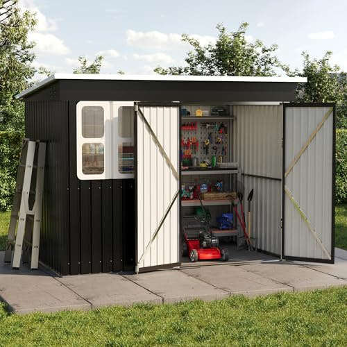 Amopatio Metall Gerätehaus 260x176cm, Gartenhaus aus verzinktem Stahl, abschließbarer Geräteschuppen mit Fenster & Lüftung, Fahrradschuppen ohne Boden, wetterfest für Garten & Terrasse, Dunkelgrau