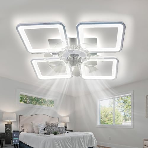 Lampadario con Ventilatore da Soffitto Quadrato con Telecomando,6 Velocità,Timer,Plafoniere con Ventilatore Camera,Reversibile,Silenzioso,Ventilatori da Soffitto con Luce,Dimmerabile,Memoria,72cm