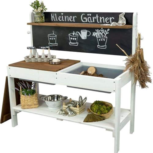 Meppi Piccola cucina in legno per giardino fangoso - Cucina da esterno per bambini con cigni di fango - Tavolo da piantumazione e fai da te