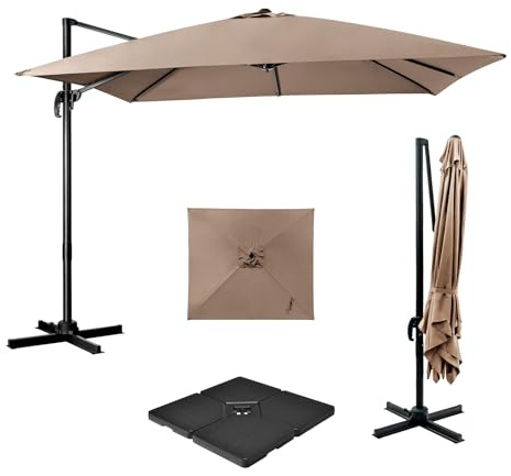COSTWAY Parasol de Jardin Extérieur avec Pied, Base 4 Plaques, Parasol Déporté Carré 3x3M à Manivelle, Inclinable et Rotation à 360°, Anti-UV, 8 Baleines, pour Terrasse, Patio, Balcon, Marron
