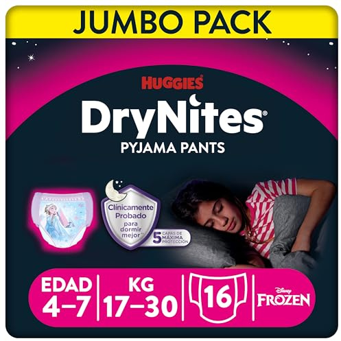 Huggies DryNites Pañales de Noche para Niña 4-7 (17-30 kg), Clínicamente Probado con 5 Capas de Máxima Protección Nocturna, 16 Bragas Absorbentes