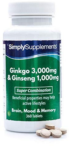 Ginkgo Biloba 3000mg & Koreanischer Ginseng 1000mg - 360 Tabletten - Geeignet für Veganer - Versorgung für bis zu 6 Monaten - SimplySupplements