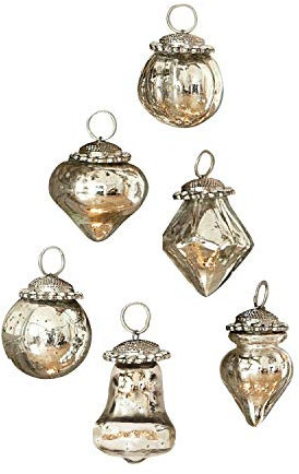 Loberon Weihnachtsschmuck 6er Set Levier, innen verspiegelt, Glasanhänger, Weihnachtsdeko, Weihnachten, Christbaumschmuck, Glas, Messing, Chiffon, antiksilber