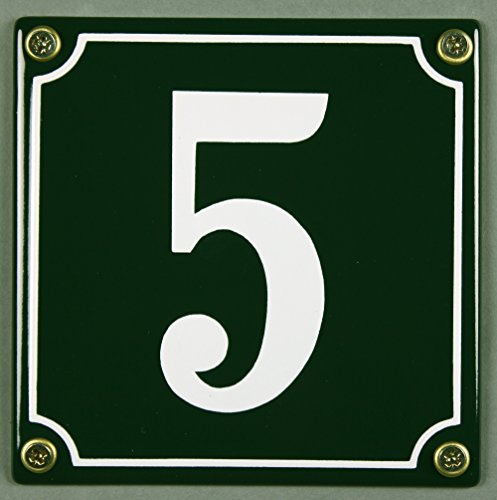Emaille Hausnummernschild - Wählen Sie Ihre Nummer - Zahlen 1 bis 30 verfügbar - grün/weiß 12x12 cm und 12x14cm - sofort lieferbar! Hausnummer Schild wetterfest und lichtecht (5 grün/weiß 12x12cm)