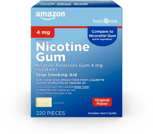 Amazon Basic Care Uncoated Nicotine Polacrilex Gum 4 mg, Original Flavor, Stop Smoking Aid, Quit Smoking, Nicotine Replacement, 220 Count