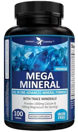 Potent Garden Mega Mineral Supplement Complete Mineral Complex with Calcium Magnesium Zinc Potassium Boron Selenium Chromium & 72 Trace Minerals Iron Free Calcium Supplement -100 Pills