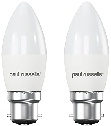 paul russells LED Light Bayonet Cap B22, 60watt Equivalent, 6.5W 806LM LED Bulbs, 2700K Bright Warm White, Frosted C35 BC Candle Energy Saving Non-Dimmable Chandelier Lightbulbs, 2 Pack