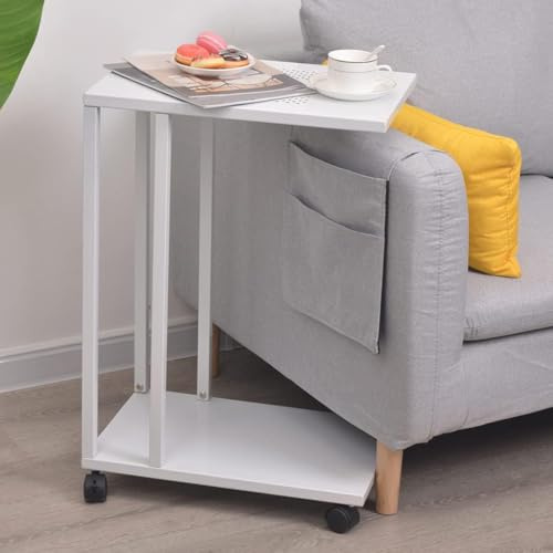 C-förmiger Beistelltisch, mobiles Sofa/Wohnzimmer, kleiner Beistelltisch, mit abschließbaren Rädern, mobiler Snack-Tisch für Kaffee, Laptop, Tablet, der für kleine Räume darunter gleiten kann (weiß)