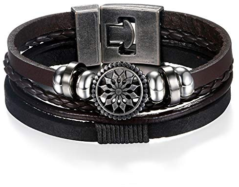 Flongo Läderarmband herrarmband kvinnor armband vänskapsarmband BFF armband för 2 svarta bruna döskallar dollar solros, 7.87 inches, Edelstahl