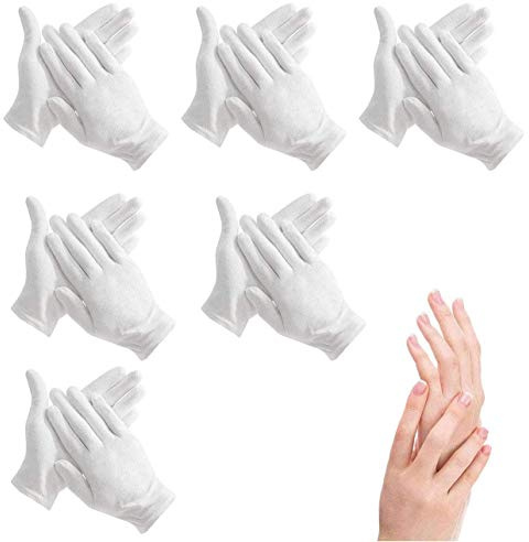 100% Cotton Gloves for Eczema,6 Pairs White Cotton Moisturizing Gloves Over Night Bedtime | Cosmetic Inspection Premium Cloth Quality | Dry Sensitive Irritated Skin Spa Therapy Secure Wristband