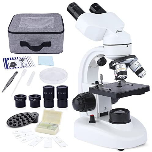 MAXLAPTER Microscopio Binocular para Adultos y Niños - Microscopio Compuesto Binoculares 40X-1000X con Iluminación LED Dual, WF10X y WF25X Ocular, Muestras, Bolsa de Almacenamiento, Adaptador