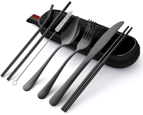 Hotype Ensemble de Couverts, Couverts de Camping en Acier Inoxydable, Couteaux, Fourchettes, Cuillères, Baguettes, Pailles, Brosse, Sac Portable, pour Voyage Maison École Déjeuner, 8 Pièces, Noir