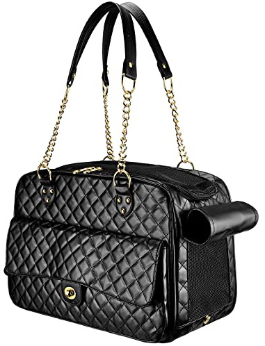 NewEle Modische Hundetasche für kleine Hunde mit großen Taschen, hält bis zu 5.4 kg, hochwertiges PU-Leder, Fluggesellschaften zugelassene Welpenbörse für Reisen (schwarz, kleine Größe)