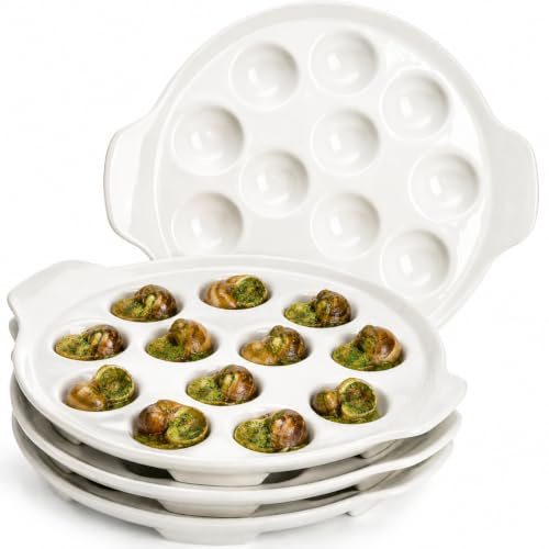 Okllen 4 Pack Ceramic Escargot Plates with 12 Holes and Handles, 9 Inch Seafood Snail Dish Footed Plates White Escargot Baking Dish Server for Home, Kitchen, Restaurant, Hotel, BBQ