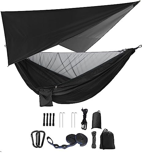 Camping Hängematten Set, Einzel Doppel Hängematte, Moskitonetz, Insektennetz, Regenfliege, hochfestes Fallschirm Stoff Hängebett. Geeignet für Outdoor, Wandern, Camping, Reisen Schwarz