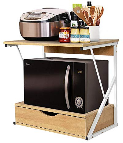 NICEME 2 Tiers Microwave Oven Rack Stand Shelving Unit Kitchen Home Office Printer Storage Shelf Organiser with Drawer, for Countertop, Worktop Organisation