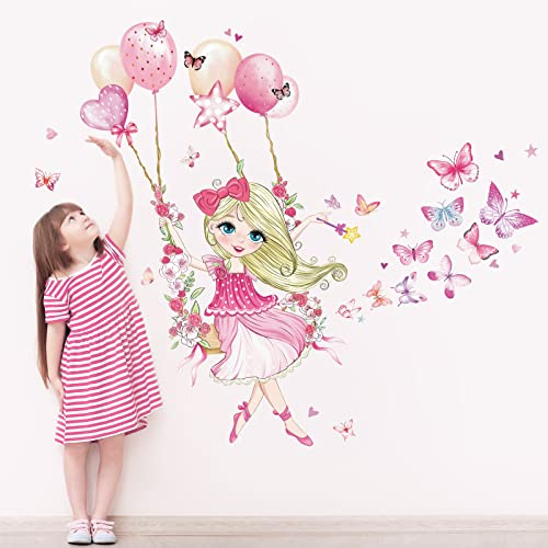 wondever Wandtattoo Mädchen Blumen Ast Wandaufkleber Blume Schmetterling Heißluftballon Wandsticker Wanddeko für Mädchenzimmer Kinderzimmer Babyzimmer
