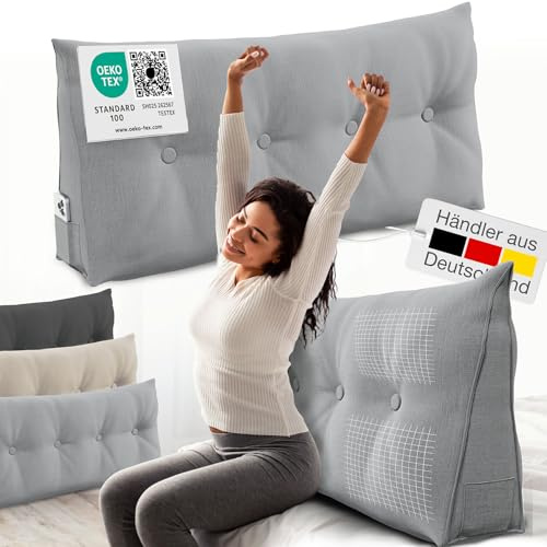 ELONEO Rückenkissen 120 cm breit, Keilkissen für Bett und Sofa geeignet, dreieckiges Lesekissen, Kissen mit abnehmbarem und waschbarem Bezug, mit praktischem Seitenfach