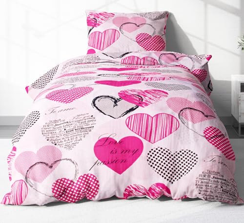 Heubergshop 2-teilige Seersucker Bettwäsche 135x200cm und 80x80cm - Love Liebe Herzen - Bettgarnitur aus 100% Baumwolle, bügelfrei (621/2)
