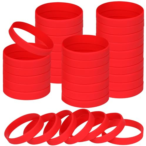 NAHRMY 8 inch Silicone Wristbands Blank Red Rubber Bracelets for Adult, 60 pcs Sports Party Silicone Elastic Wristband Bulk Bracelet bands for Events School Teacher Supplies