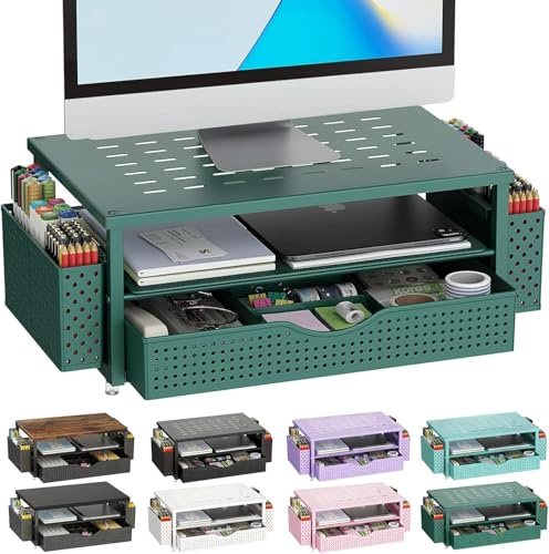Gianotter Monitorständer mit Schublade und Stifthalter, 2-stöckige Monitorerhöhung, ideal für Bürobedarf, Schreibtischzubehör (grün)