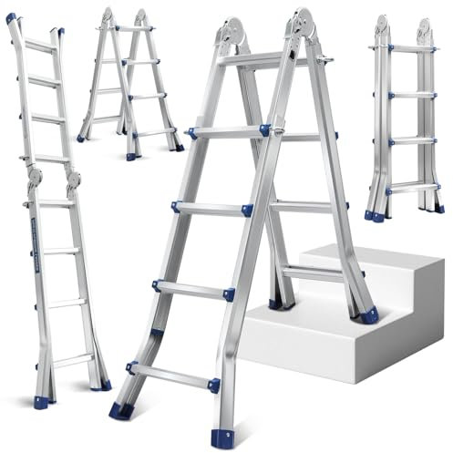 Daromigo Teleskopleiter Multifunktionsleiter, 3 in 1 Aluleiter 402cm 4x4 Sprossen Mehrzweckleiter, Klappleiter Anlegeleiter, Max. Traglast 150kg, Bockleiter Schiebeleiter