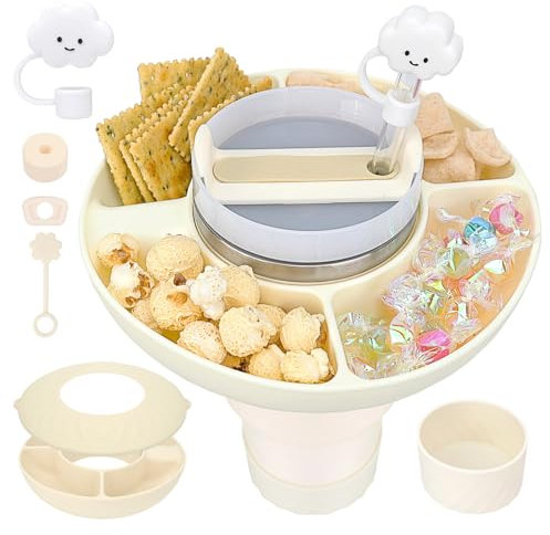 GADITIEK Snackschale für Stanley Cup Zubehör, Silikon Snackteller mit 5 Stück Stanley Accessories, Strohhalm Abdeckung und Auslaufschutz Zubehör, Kompatibel mit Stanley Quencher 40oz Tumbler (beige)