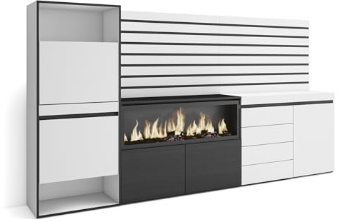 Skraut Home | Schuhregal, Schuhschrank | Schuhaufbewahrung | 274x145x35 cm | Für Schlafzimmer, Zimmer | Elektrokamin XXL | Kommode mit Schubladen | Lamellenwand Holz | Moderner Stil | Weiß