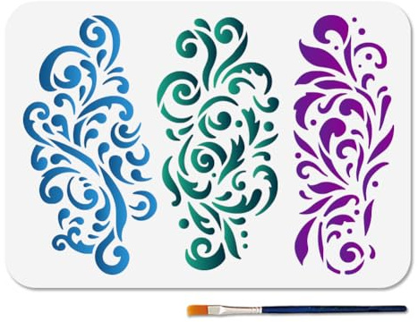 MAYJOYDIY Flourish Mandala Malschablone Blumenvorlagen 29.7x21cm Pfauen Flourish Kunststoffschablone Mit Pinsel A4 künstlerische Wiederverwendbare Vorlage Für Holz Wände Fenster Heimwerkerarbeiten