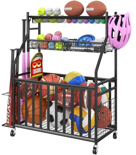 Jsskeeim Garage Sports Equipment Organizer,Sports Ball Organizer with Wheels,Mesh Pocket, Basket,Ball Organizer with Baseball Bat Rack and HooksToy Storage Rolling Cart-Black