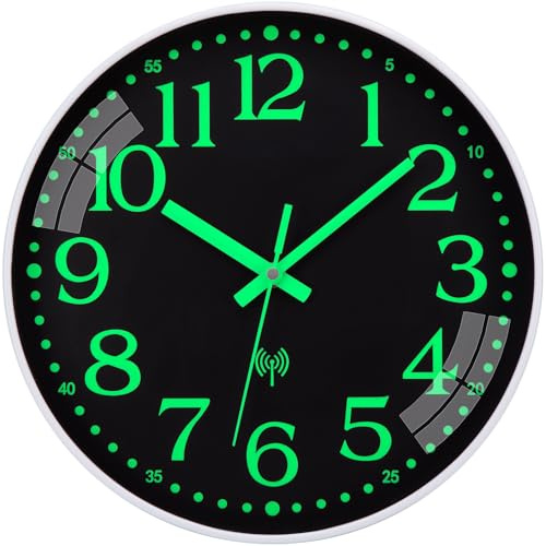 NESIFEE Reloj de Pared Radio-controlado Iluminado Sin Ruido de Tic-TAC Silencioso 30 cm Grande Funciona a Pilas Fácil de Leer para habitación Hogar Cocina Dormitorio Oficina Escu (Luminoso A, 30 cm)