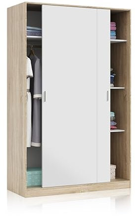 duehome | Armario 2 Puertas Correderas y Estantes, para Dormitorio o Habitacion, Modelo Show Acabado en Blanco Artik y Roble Canadian, Medidas: 120 cm (Largo) x 200 cm (Alto) x 50 cm (Fondo)