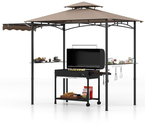 GOPLUS Tonnelle pour Barbecue avec Auvent Latéral, Abri Barbecue Extérieur avec Dessus à 2 Niveaux, Crochets, Décapsuleur, Dessus Souple, pour Jardin, Cour (242+84x153x250CM|Brun)