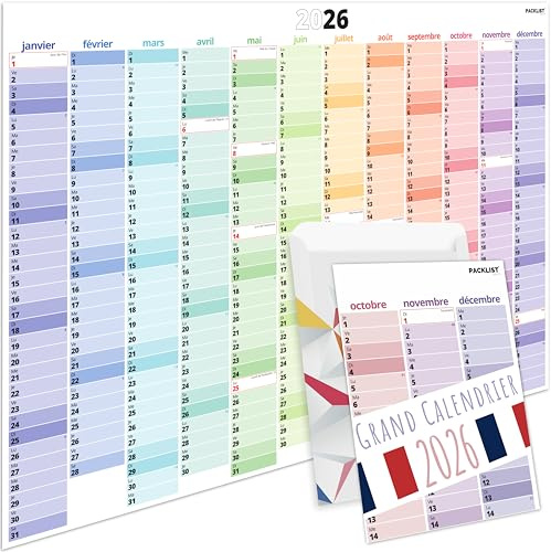 PACKLIST® Grand Calendrier Mural 2026 XXL (84x60 cm) – Planificateur Annuel A1 avec Jours Fériés France – Planning Familial & Bureau – Livré Plié (Sans Plastique) – Agenda Mural 12 Mois